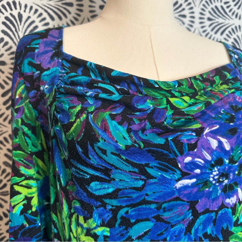 Cable & Gauge Blue Floral Draped Neck Blouse FLAW READ - Picture 2 of 14